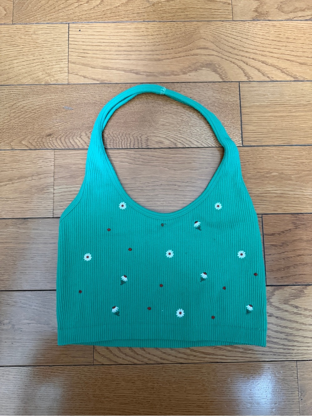 Zara Ribbed Daisy-Embroidered Crop Halter